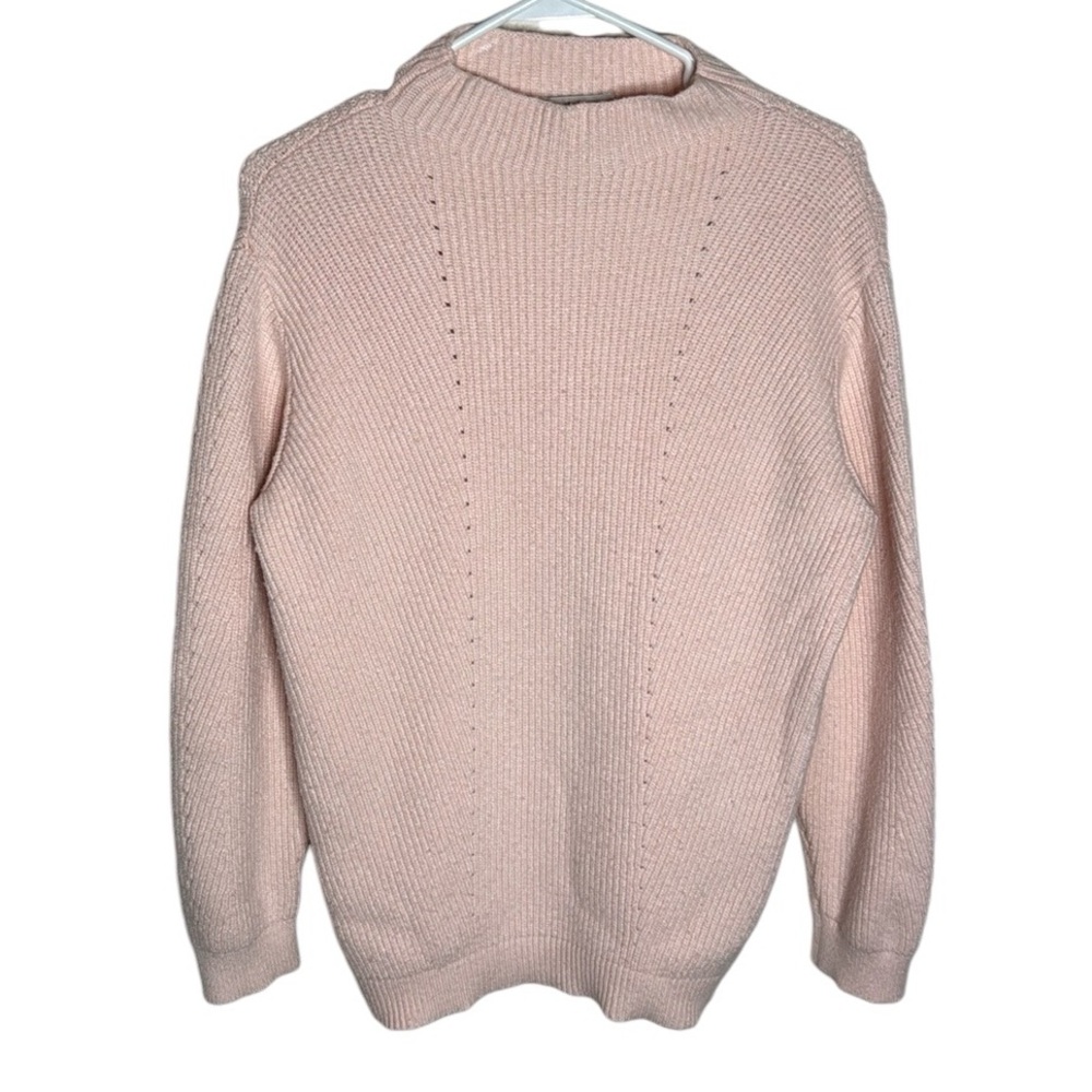 H Halston Ribbed Mockneck Light Pink Sweater Perforated Accents Size M